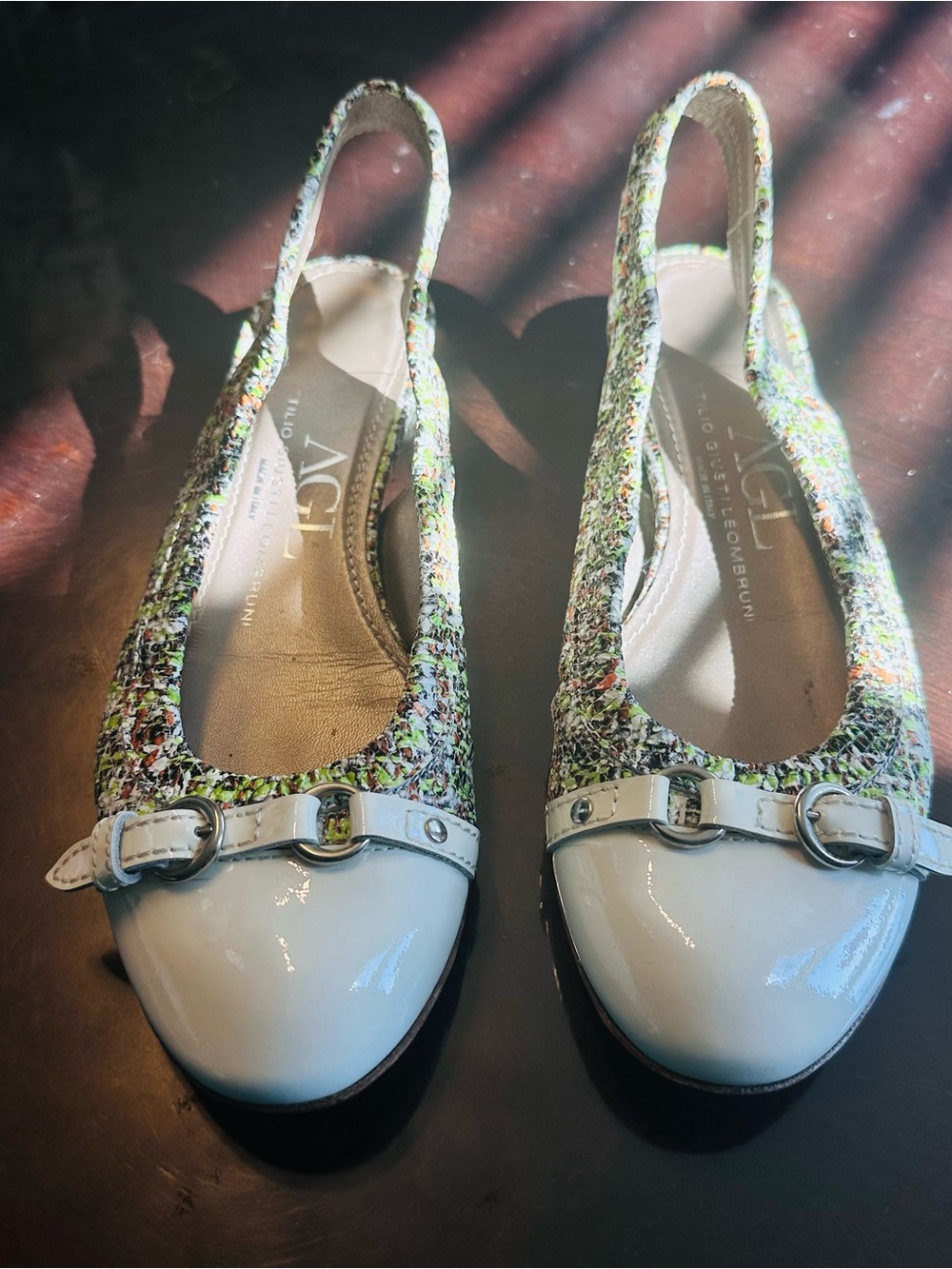 AGL White Patent Toe Multicolor Tweed Slingback Flats